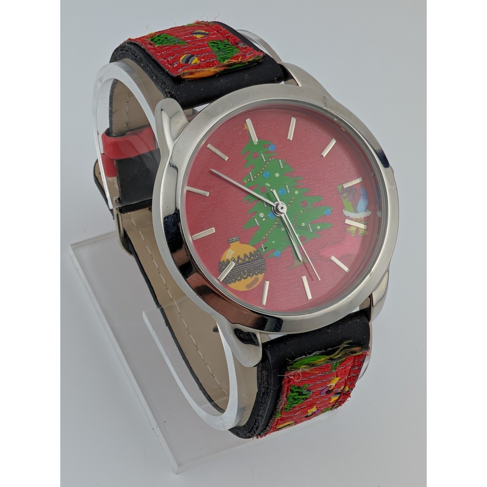 Accutime Christmas Watch‎ Women 38mm Silver Case Red Band- New Battery